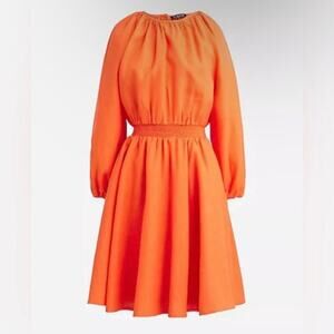 J. Crew Sz L 100% Linen Palermo Smocked Waist Mini Dress Long Sleeve Orange